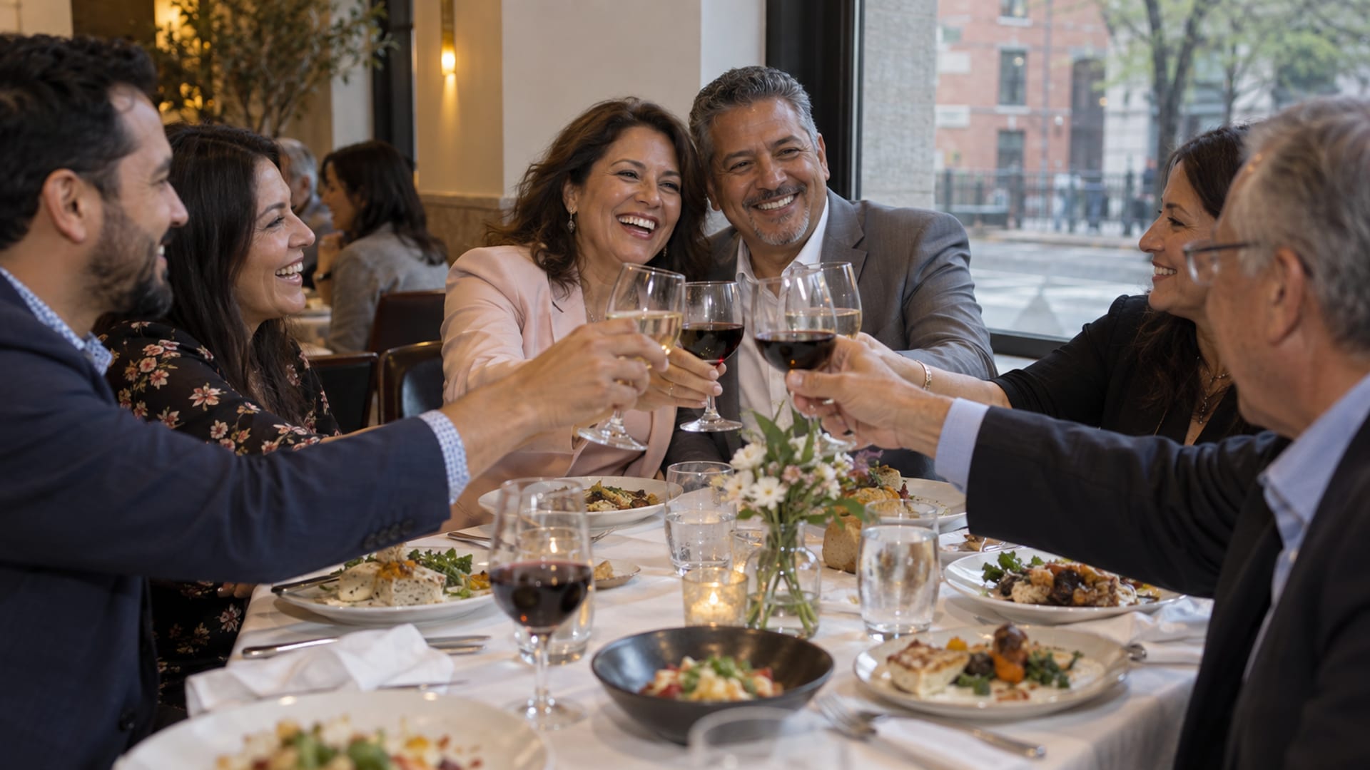 A woman in a blush blazer and a man in a grey suit, both in their fifties with golden brown skin, raising glasses with four friends at a restaurant table beside a tall window at lunchtime, plates and glasses on white linen