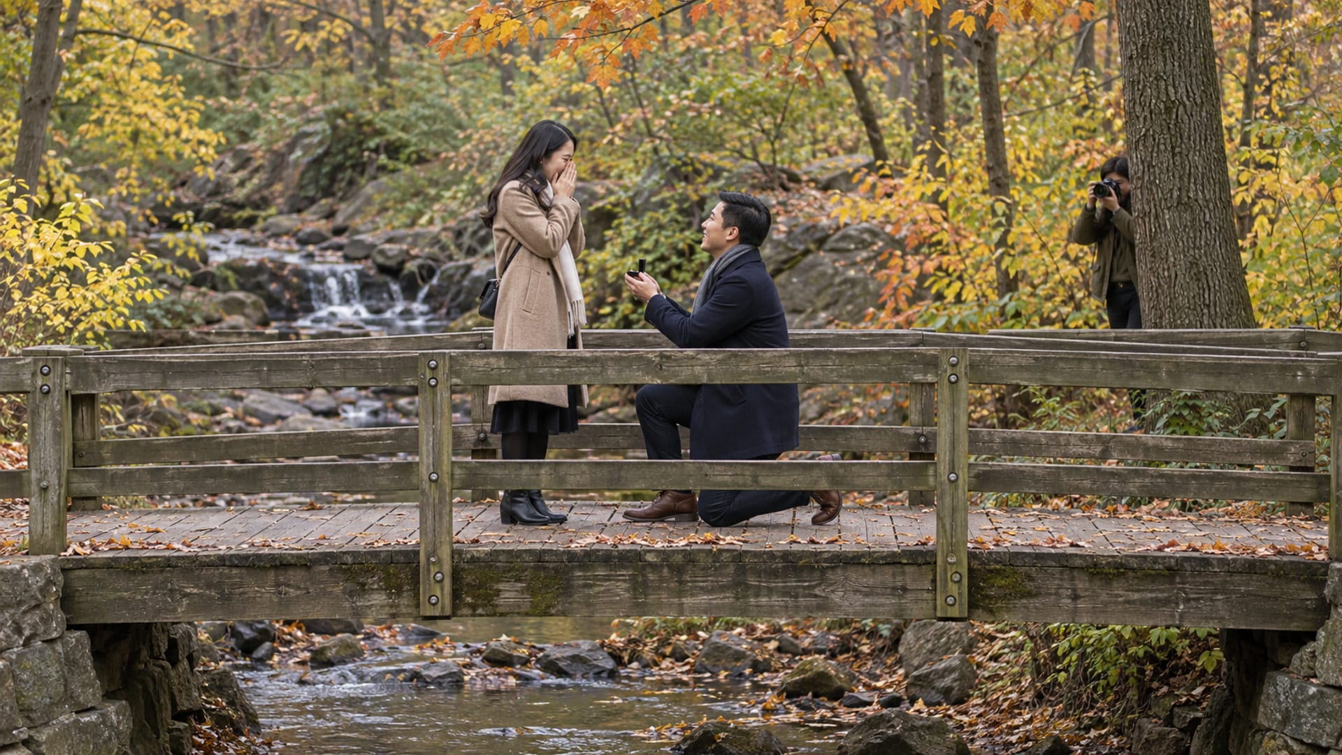 A woman and a man in their late twenties, both with light skin and East Asian features, on a wooden footbridge in an autumn wood, one kneeling with a small open ring box while the other raises both hands to her face, a friend photographing from behind a tree
