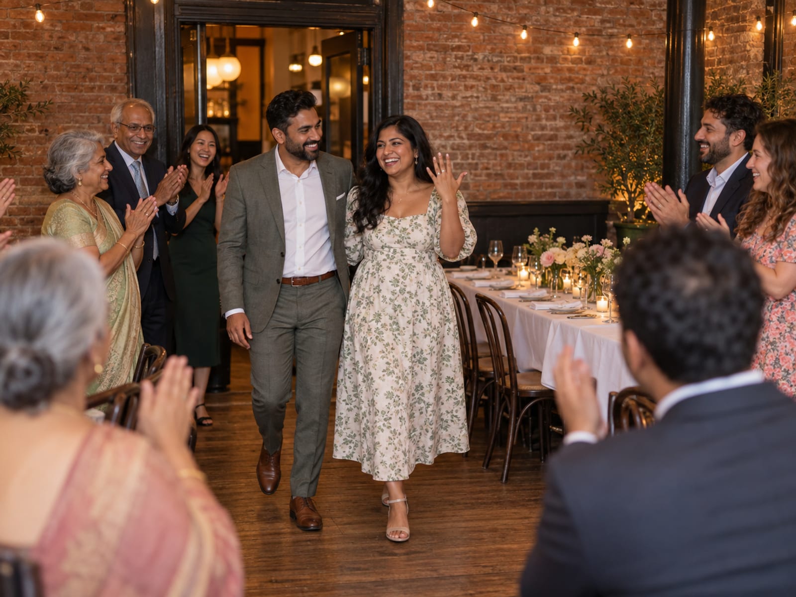 Family and friends of mixed ages cheer in the back room of a neighborhood restaurant as a newly engaged woman and man in their thirties, both with warm tan skin and South Asian features, walk in, one holding up a hand