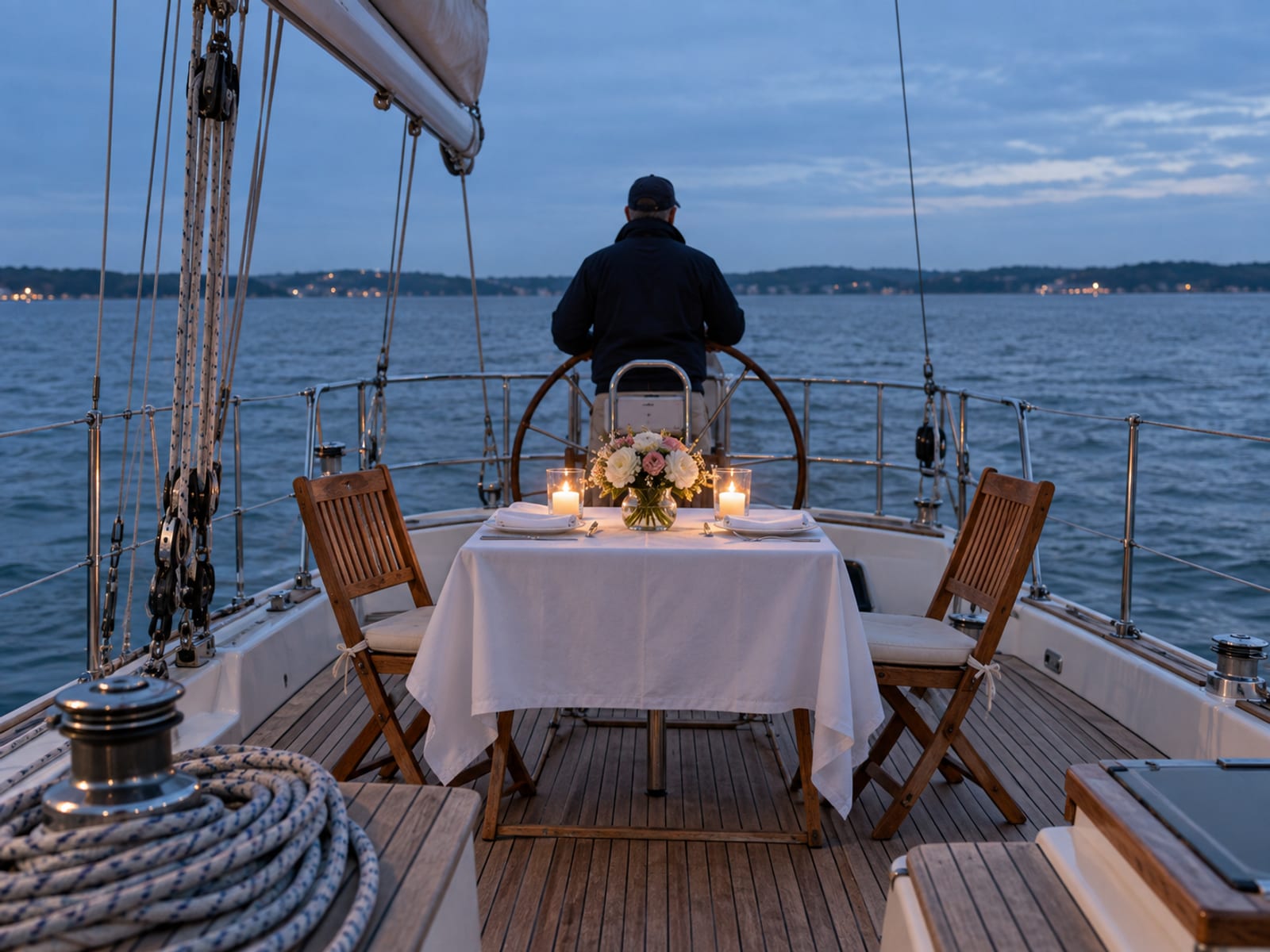 A table for two set on the deck of a small sailboat at dusk with two candles in glass holders and a small bouquet, a skipper seen from behind at the wheel, open water and a low shore beyond