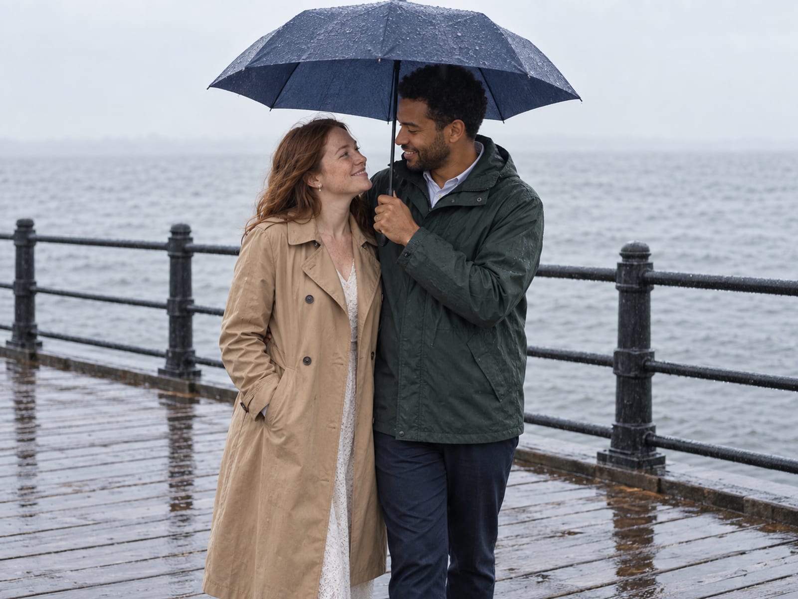 A woman and a man in their thirties, she with fair freckled skin and he with medium brown skin, share a compact umbrella on a wet waterfront pier in light rain, she resting a hand on her coat pocket