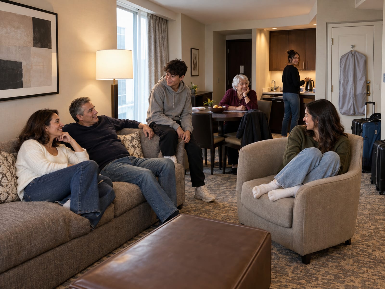 Seis familiares de distintas edades, desde un adolescente hasta una abuela, descansan juntos en la sala de una suite de hotel con una pequeña cocina y maletas junto a la puerta