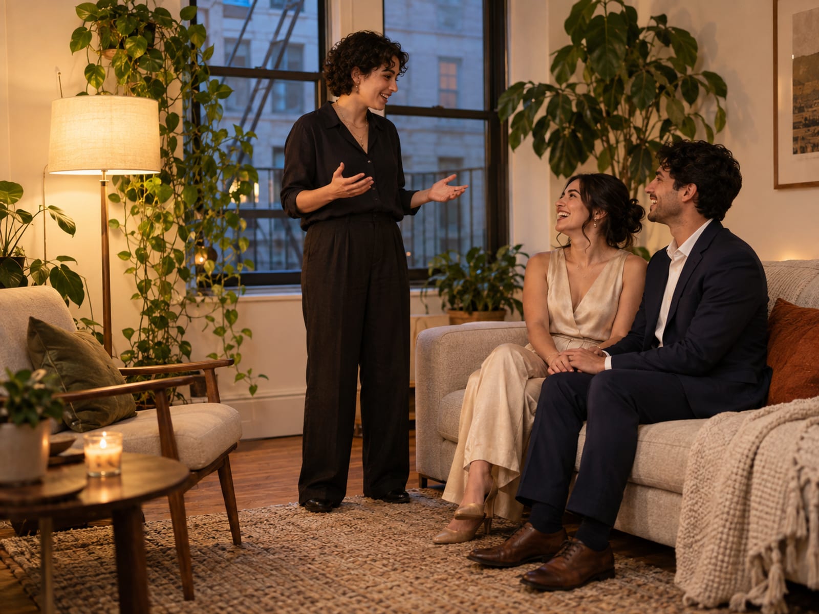 A friend in their twenties rehearsing a wedding ceremony in a living room with hands open, while a woman and a man with light olive skin, in a champagne jumpsuit and a navy suit, sit on a sofa laughing