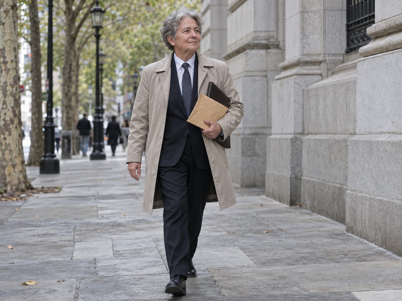 An officiant in their sixties in a dark suit walking along a downtown sidewalk toward granite civic buildings, carrying a large plain envelope and a closed leather folder