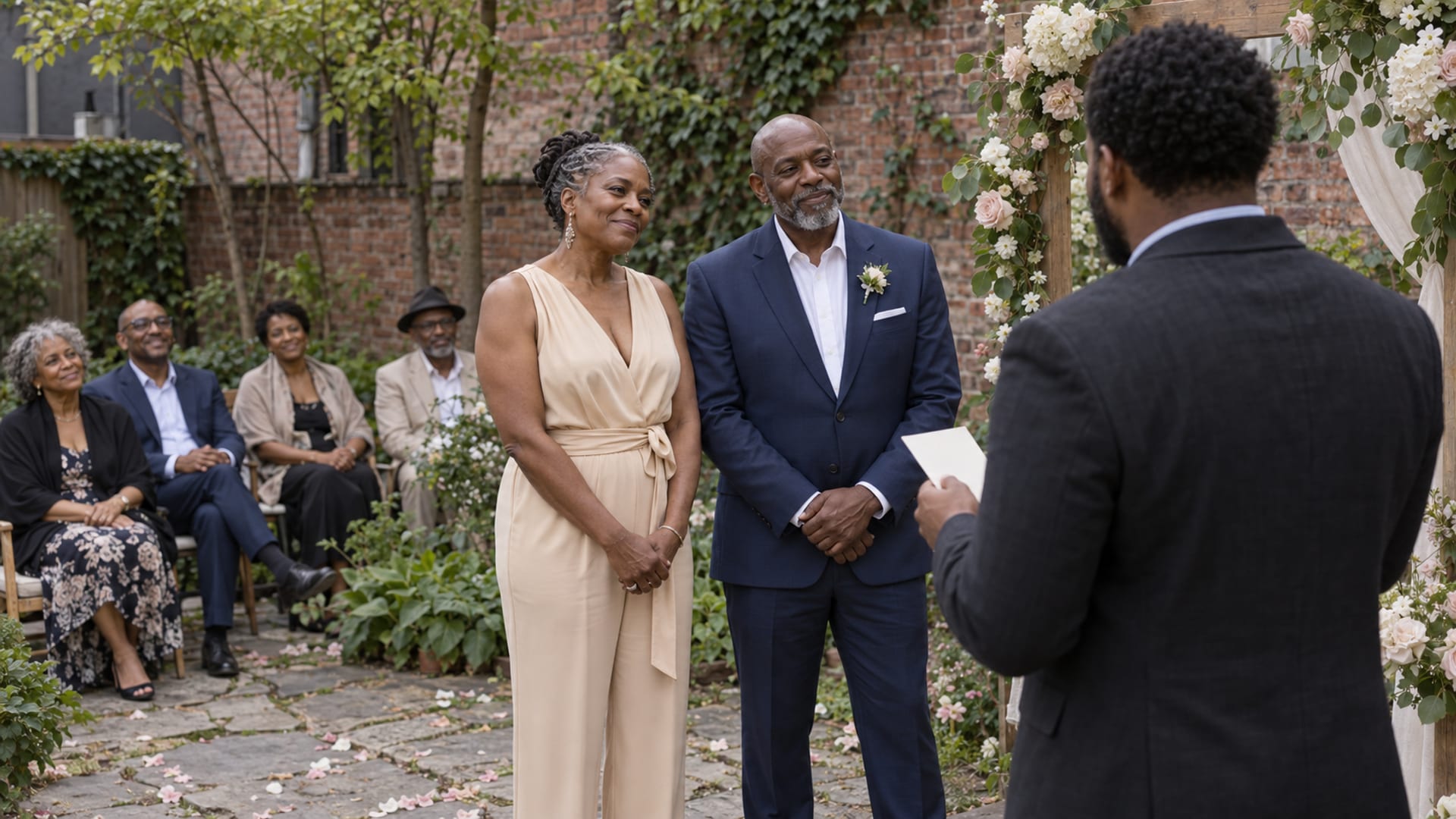 An officiant in three-quarter back view reading from a small blank card to a woman and a man in their sixties, both with deep brown skin, she in a champagne jumpsuit and he in a navy suit, under a floral arch in a rowhouse back garden