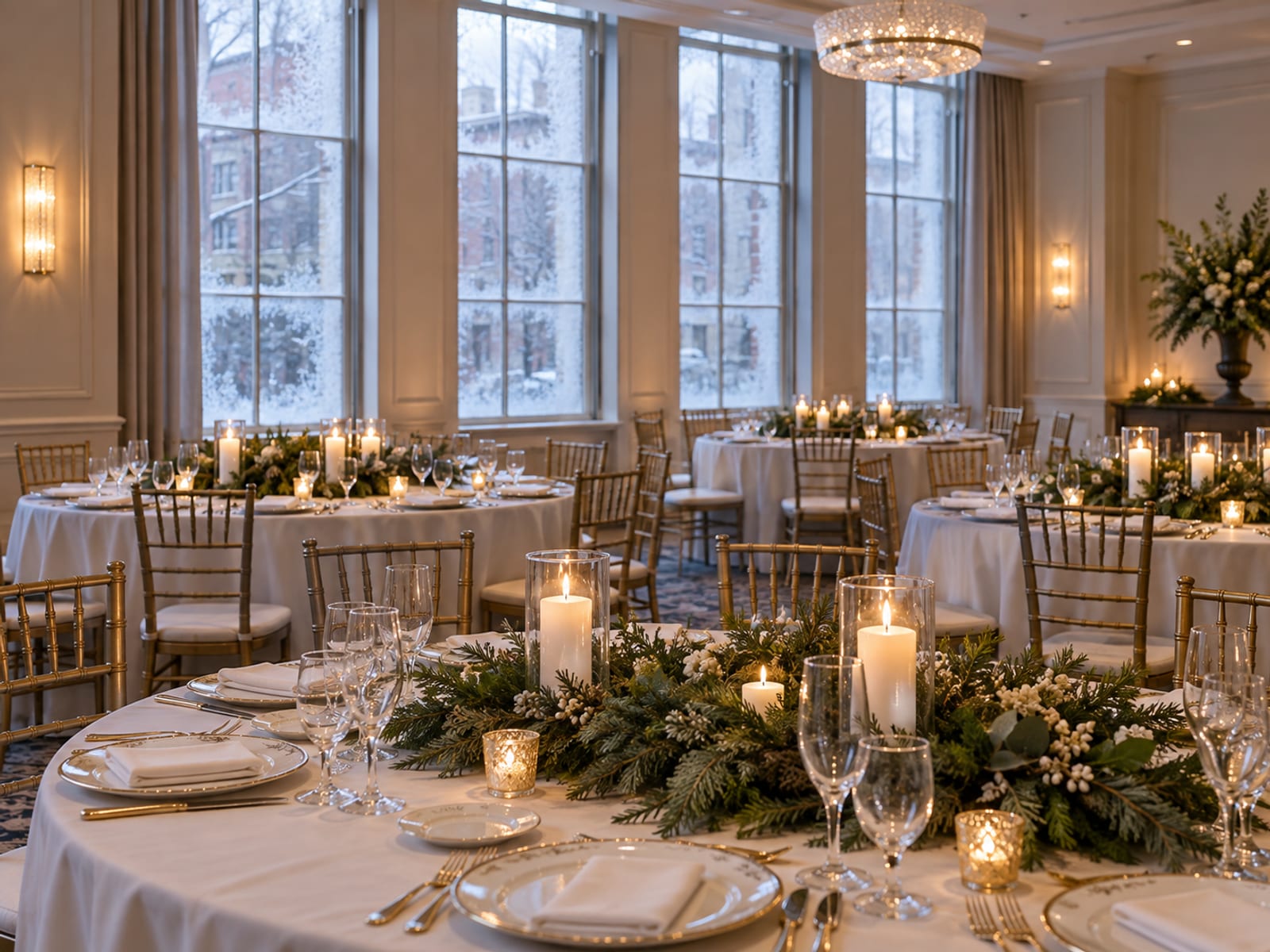 A hotel ballroom set for a winter wedding with round tables in white linen, evergreen garlands along the tables, white candles and frost at the edges of tall windows