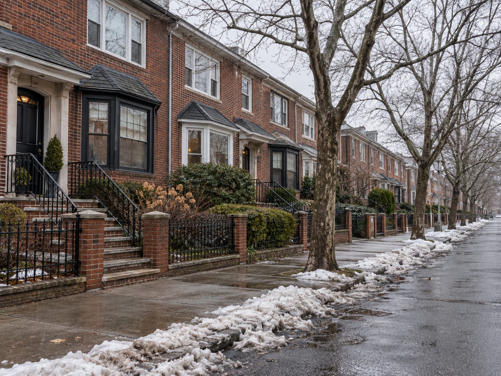 A grey January morning on a Queens street of brick rowhouses with bare trees, patches of old snow along the curb and wet dark sidewalks