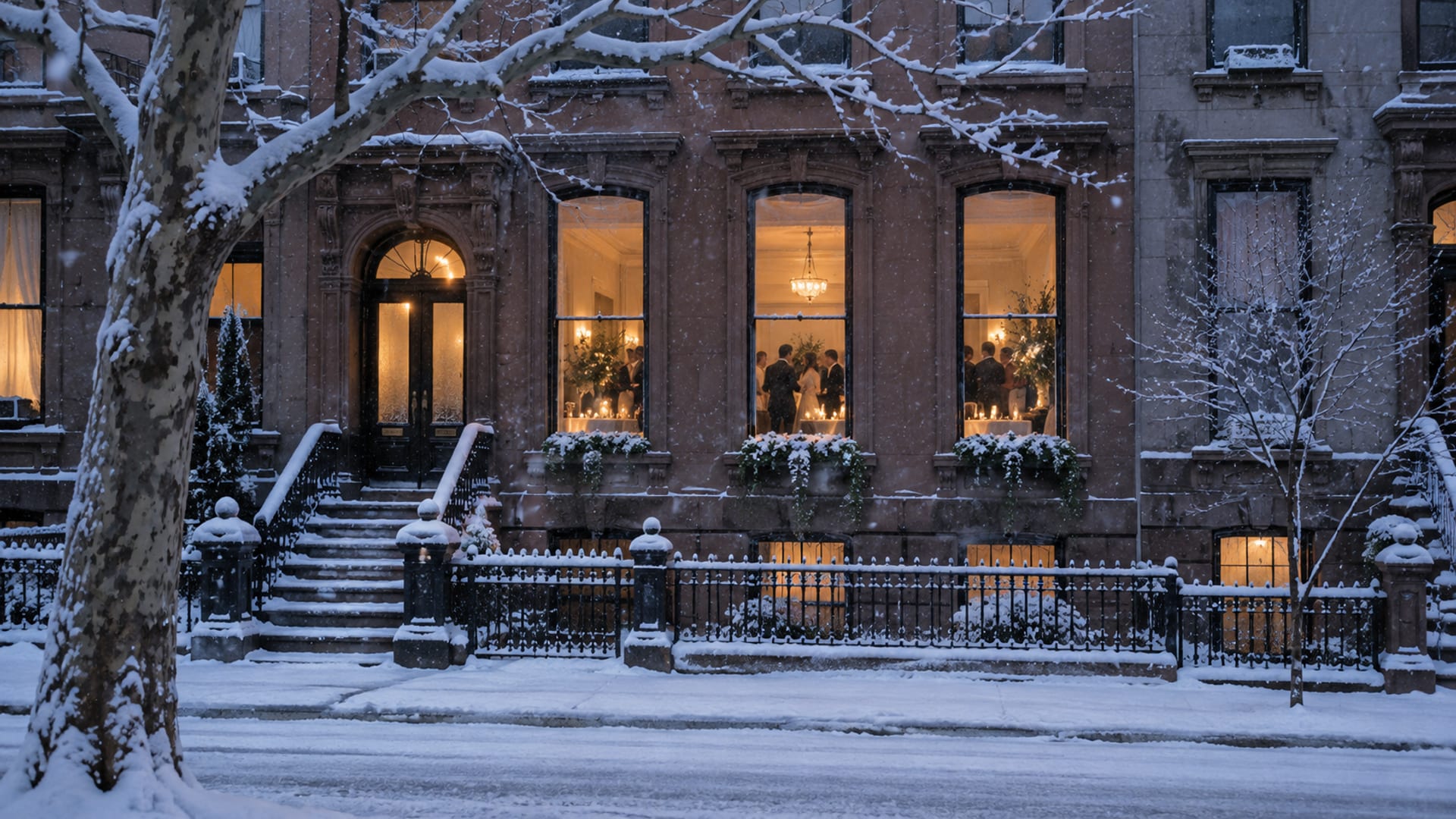 The tall lit parlor windows of a brownstone on a snowy evening, with candles and guests dancing inside, snow on the cast-iron railings and the branches of the street trees
