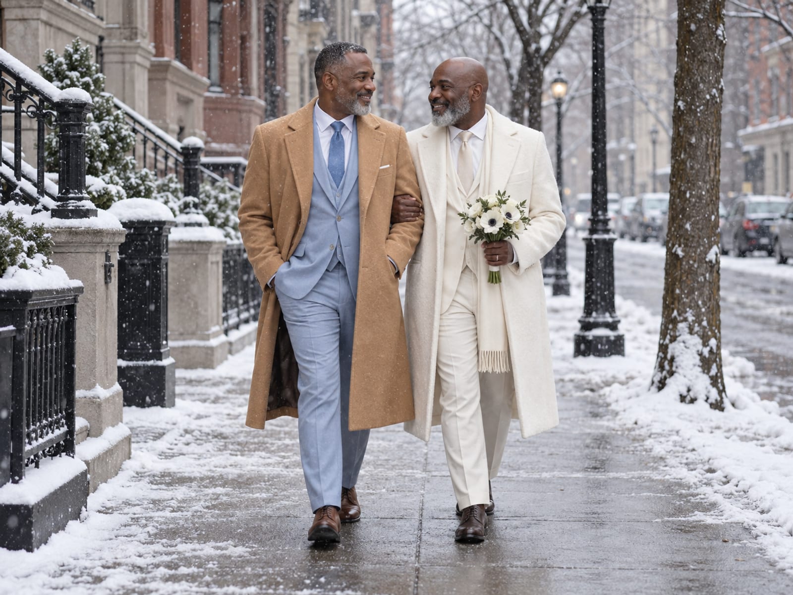 Two men in their fifties with dark brown skin walking a snowy downtown sidewalk in wedding clothes, one in a long camel coat over a light blue suit and the other in a white wool coat over a cream suit