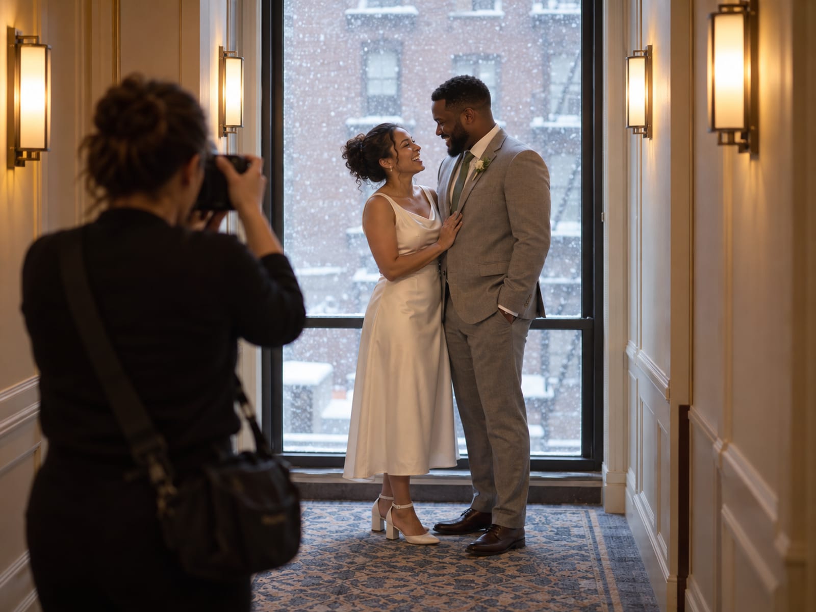 A woman in an ivory midi dress and a man in a light grey suit, one with warm tan skin and one with dark brown skin, stand by a tall window in a warm hotel corridor as snow falls outside, a photographer seen from behind