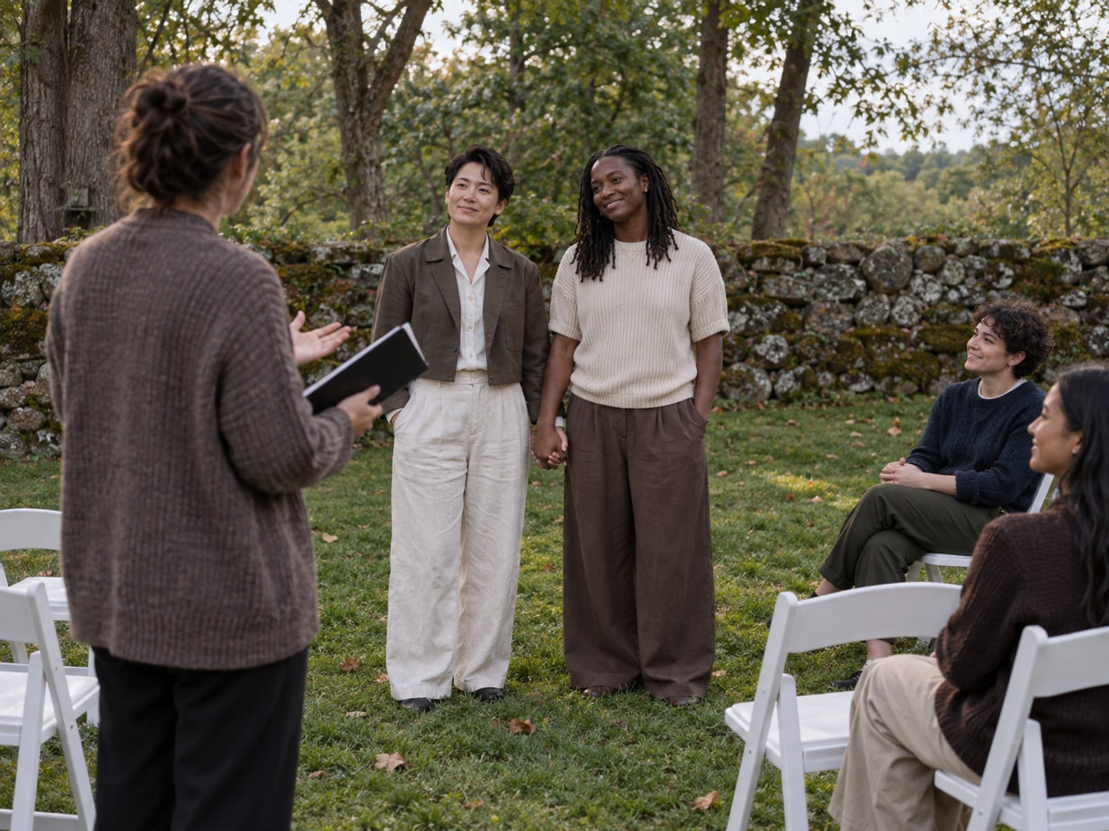 The evening before a garden wedding, two people in their thirties whose clothing and presentation do not follow gender lines, one with light skin and East Asian features and one with deep brown skin, standing on a lawn while a friend in a cardigan with a closed notebook walks them through the running order, two friends watching from white folding chairs