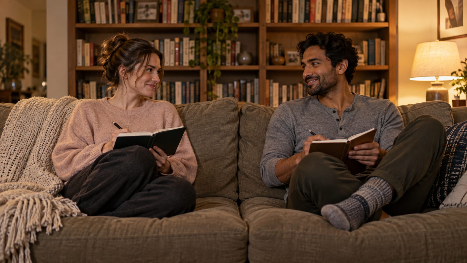 A couple in their thirties in everyday clothes at opposite ends of a sofa in their apartment in the evening, a woman with pale skin and a man with golden brown skin each writing in a small notebook held with the pages facing away, glancing up at each other and smiling, lamp light and a bookshelf behind