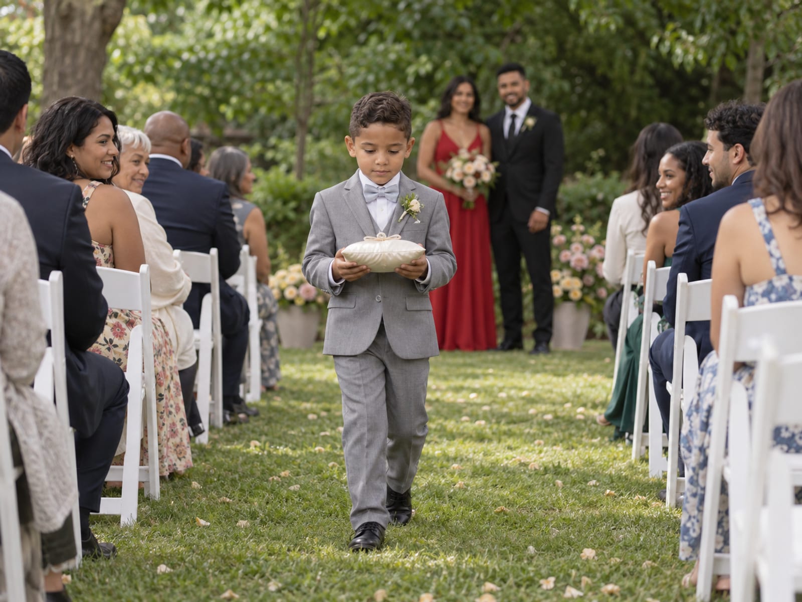 A child of about eight in a small suit carefully carrying a ring pillow down a short grass aisle between guests on white chairs, with a woman in a red dress and a man in a black suit, in their thirties with golden brown skin and Latin American features, waiting soft and out of focus at the front