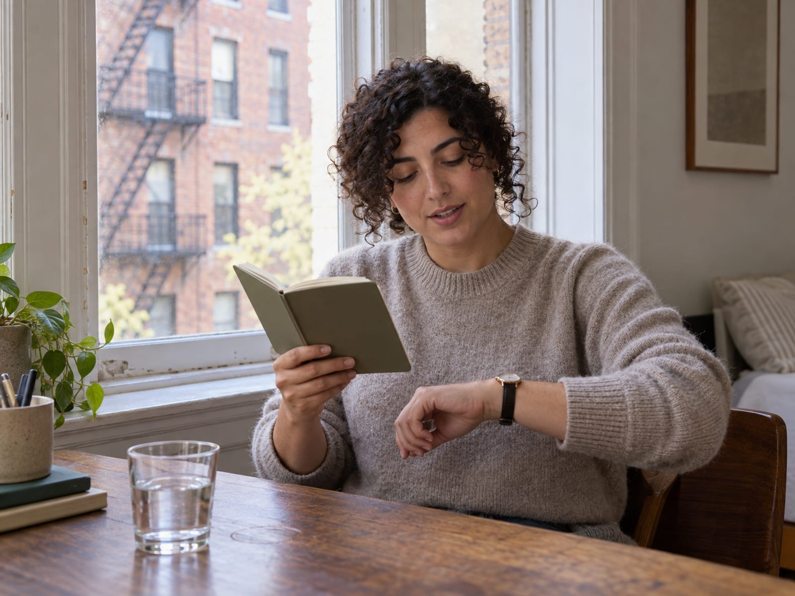 A person in their thirties at a desk by the window of a prewar apartment reading aloud quietly from a small notebook held with its pages facing away, glancing at a plain wristwatch, a glass of water on the desk