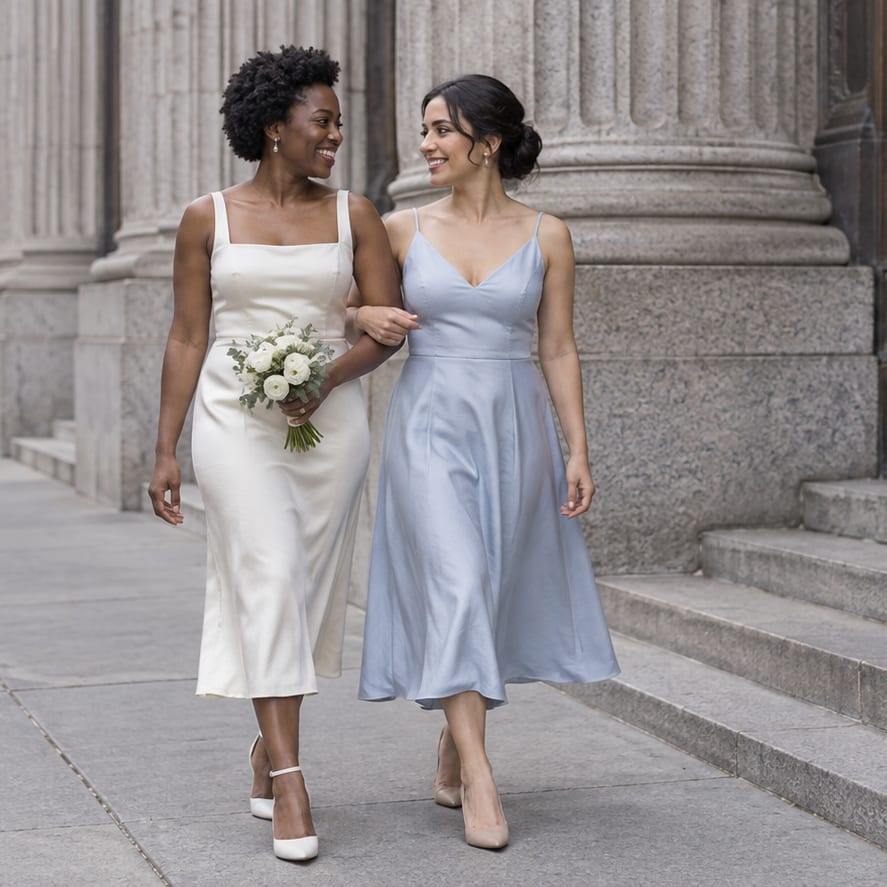 Dos mujeres, una de piel morena oscura y otra de piel oliva clara, con vestidos marfil y azul pálido caminan del brazo junto a columnas de granito y puertas de bronce en una calle estrecha, con un ramo de ranúnculos blancos