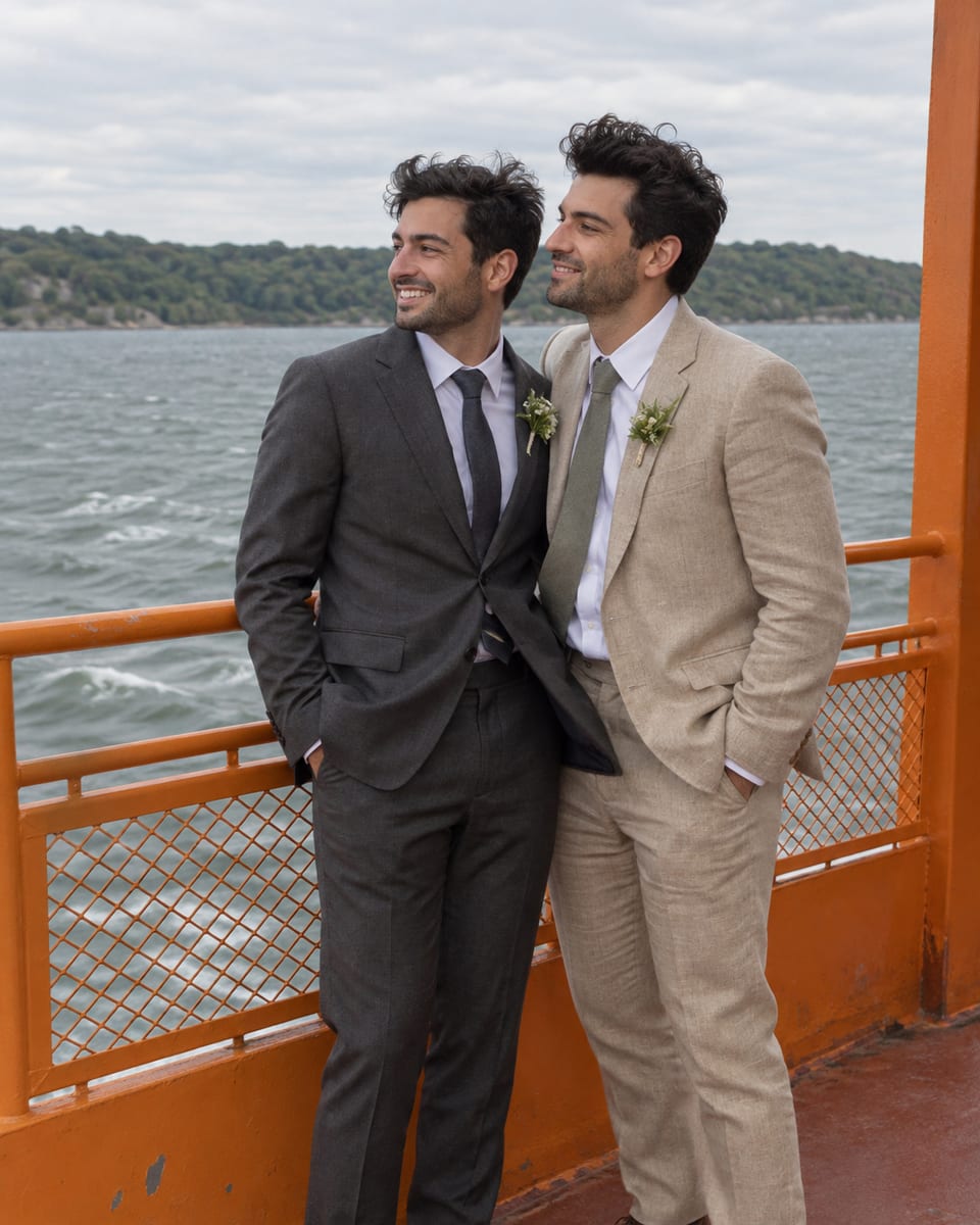 Dos hombres de piel oliva clara, con traje gris carbón y traje de lino color canela, junto a la baranda de la cubierta de un ferry naranja, con agua gris verdosa y una costa arbolada detrás