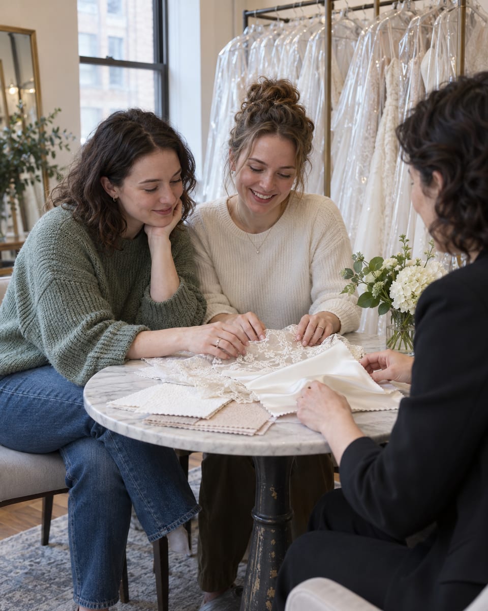 A boutique consultant shows two women swatches of ivory silk and lace at a small round table, a rail of gowns in clear covers behind them