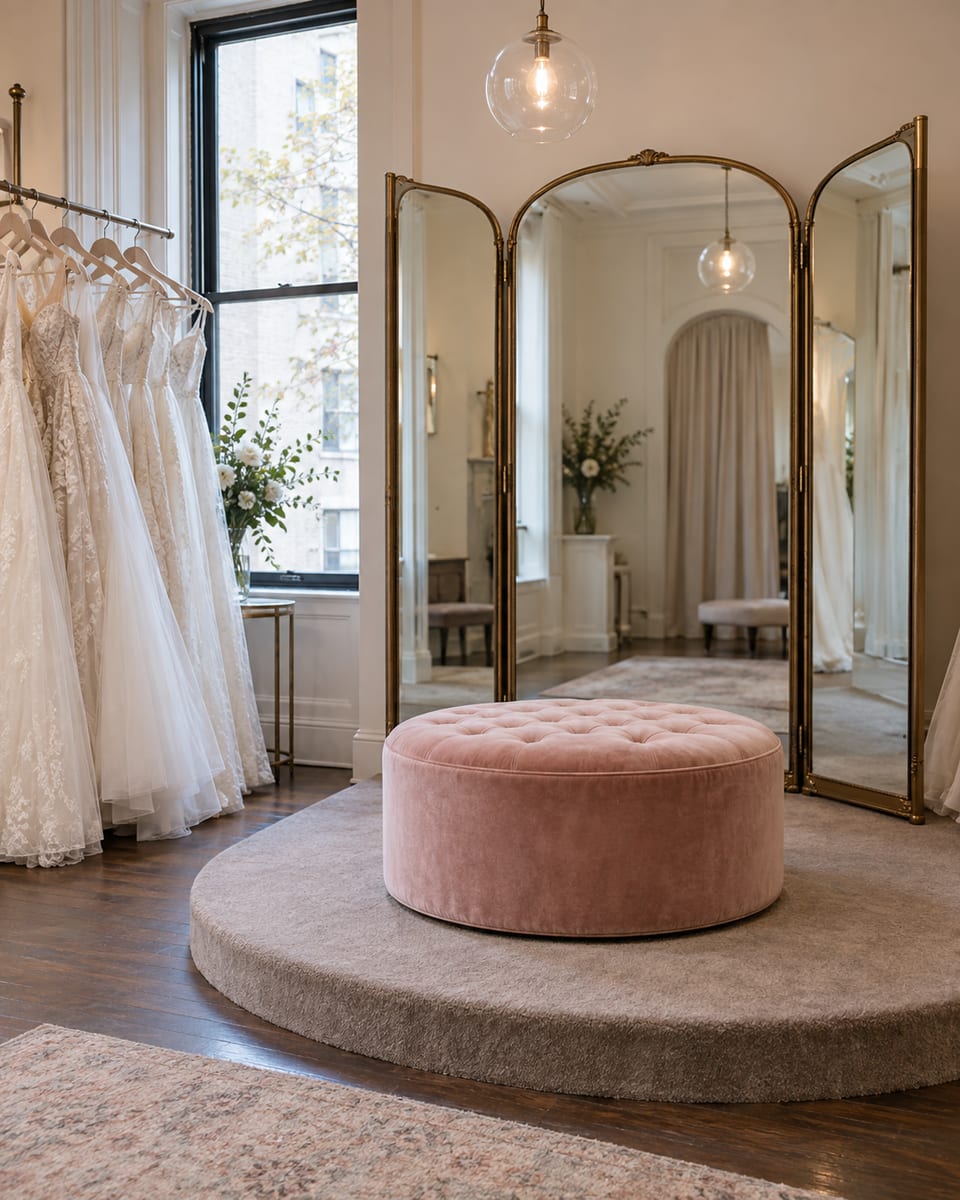A small bridal boutique with a round velvet ottoman on a low platform before a three-way mirror, a rail of white and ivory gowns and a glass pendant light
