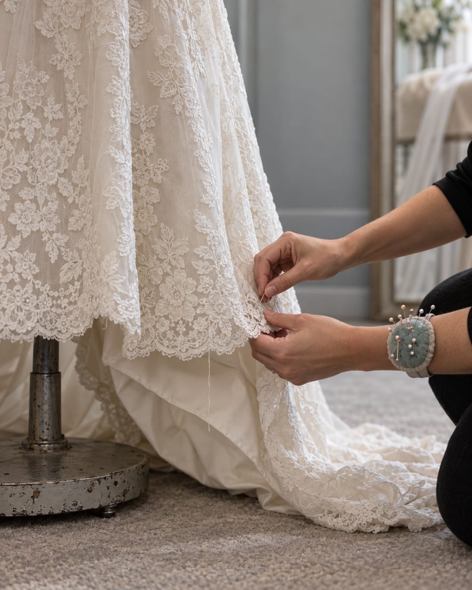Hands of a boutique consultant pinning the hem of an ivory lace gown on a dress form, pins taken from a pincushion on the wrist