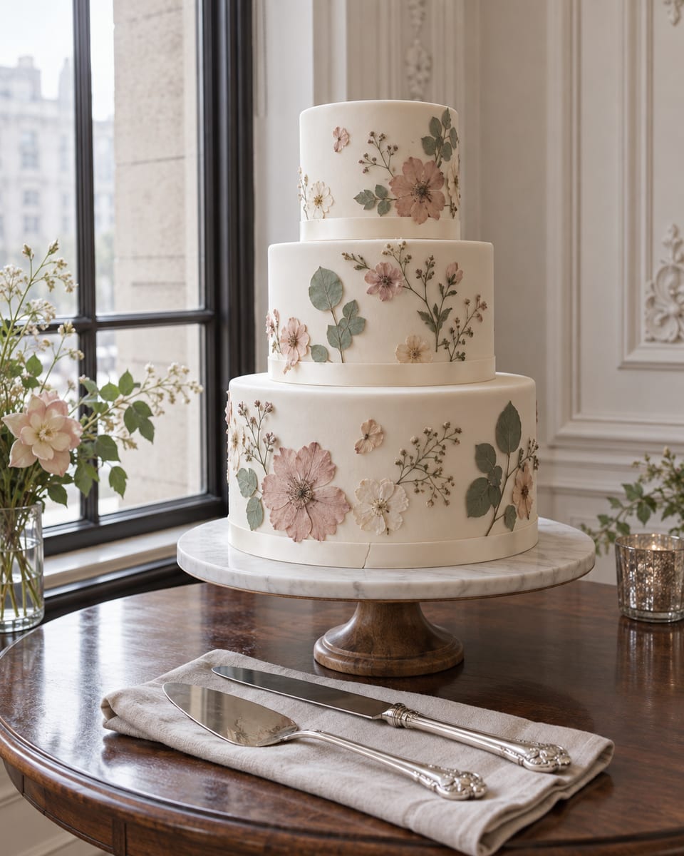 A three-tier white cake with pressed flowers and a plain ribbon on a small wooden table beside a tall window, a cake knife and server laid in front