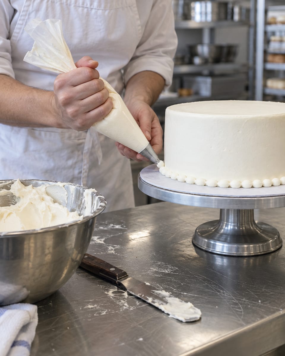 Hands of a cake decorator piping small white buttercream pearls around the base of a single-tier cake on a turntable in a bakery kitchen