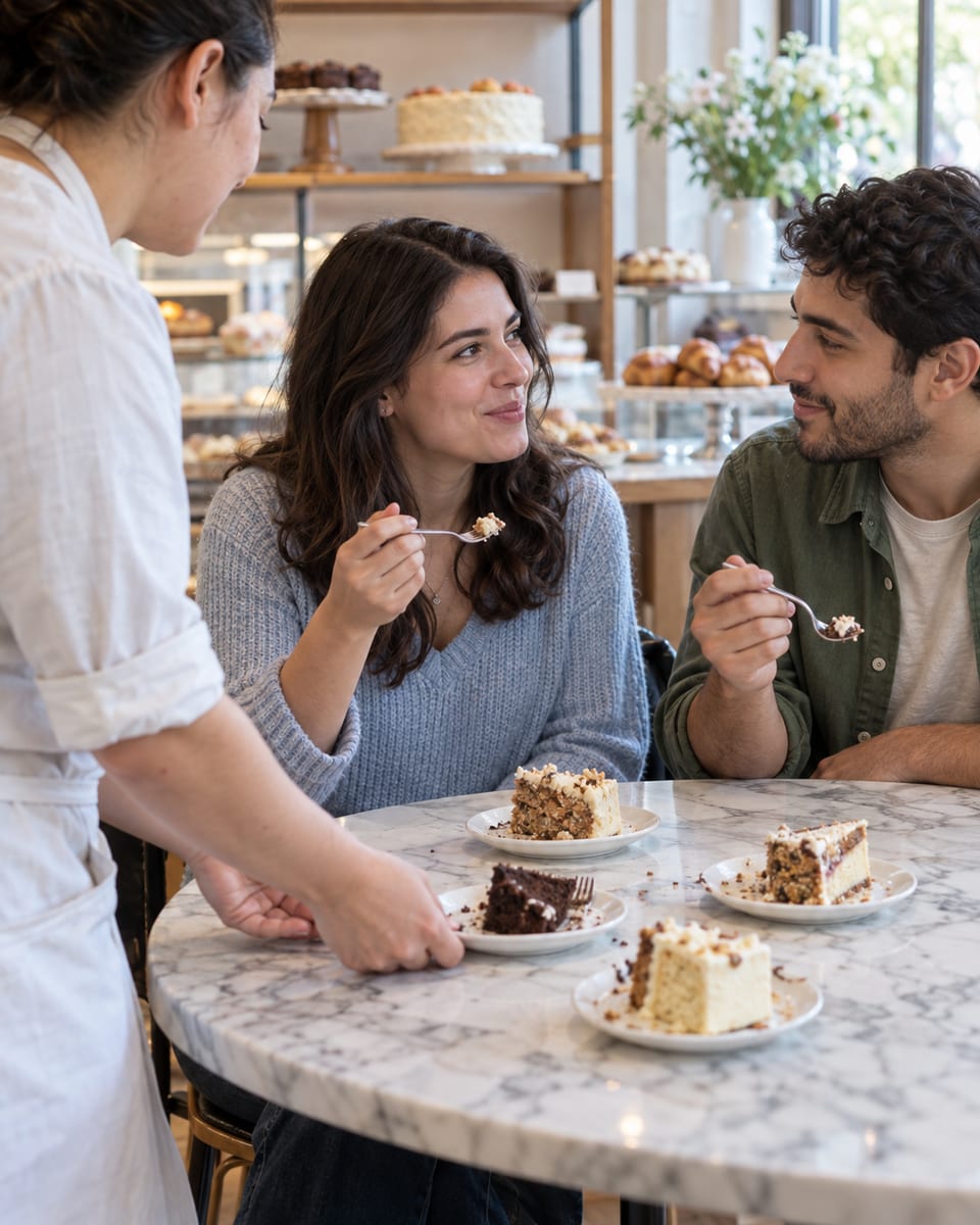 A baker in a white apron sets tasting plates of small cake slices in front of a woman and a man seated at a marble table in a bright bakery