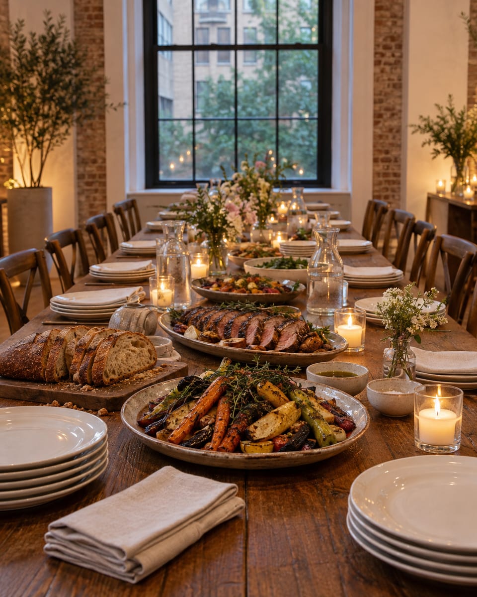Long reception tables set family style with platters of roasted vegetables, sliced meat and bread, stacks of white plates, linen napkins, water carafes and low candles