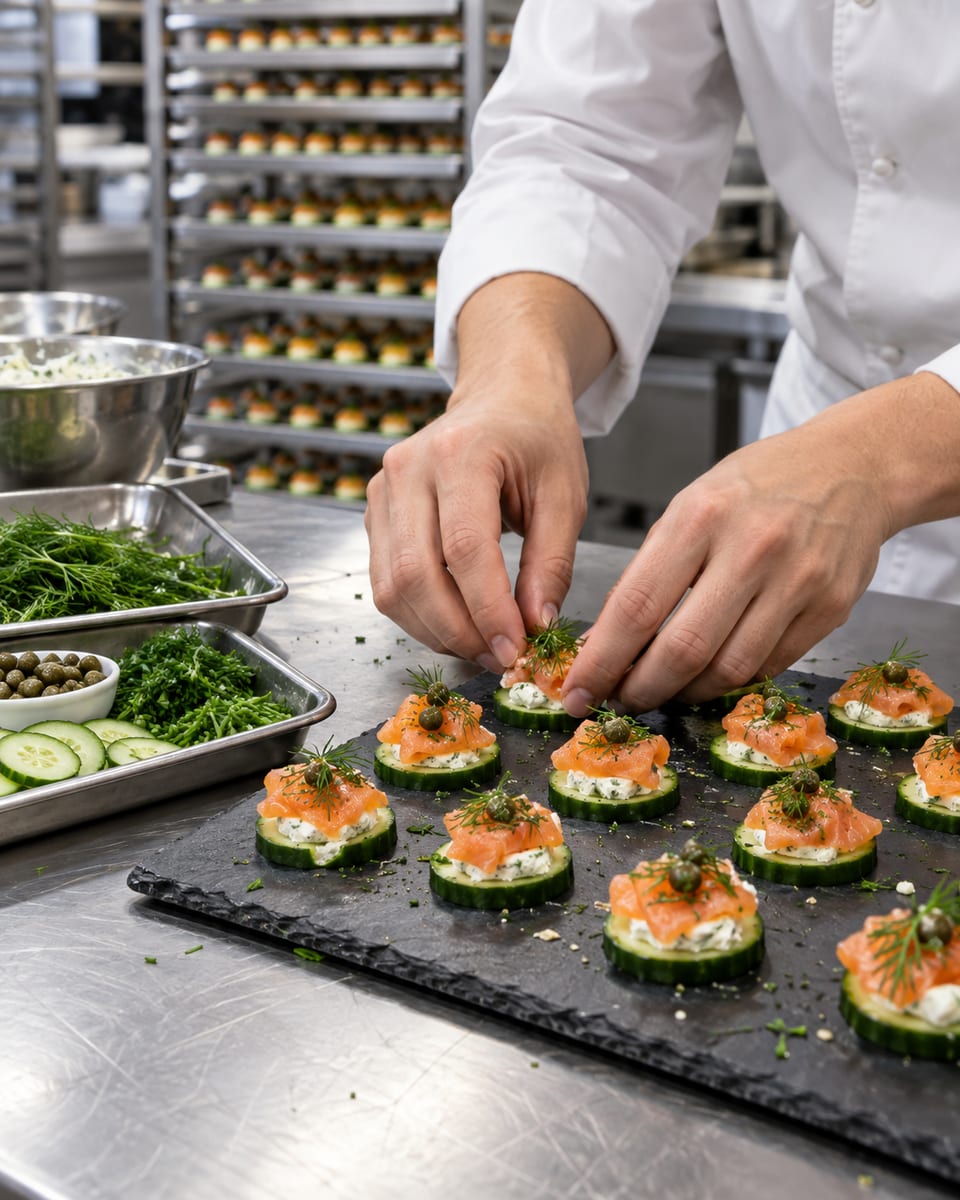 Hands of a caterer placing small canapes onto a slate serving board in a prep kitchen, trays of finished canapes on a steel rack behind