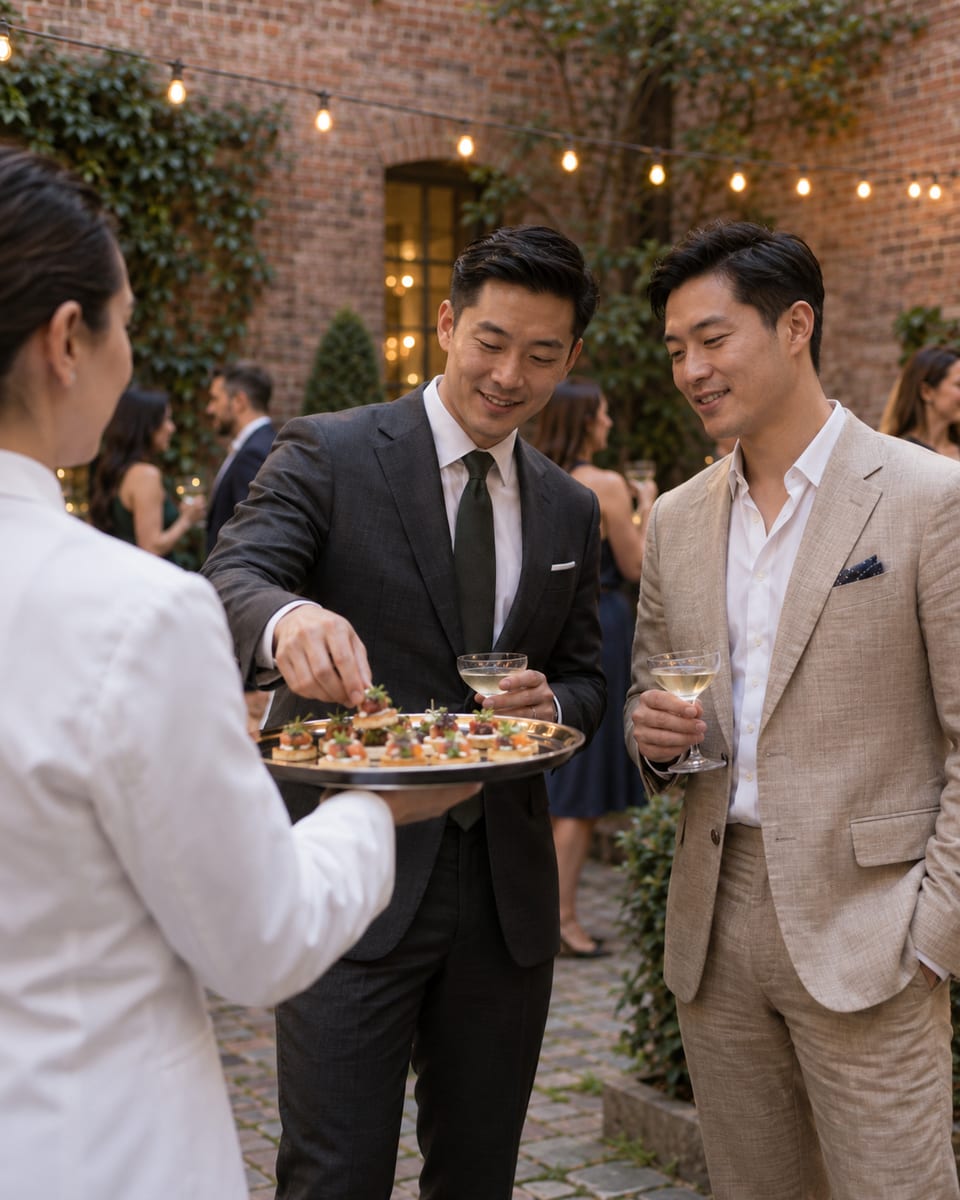 A server in a white jacket offers a tray of canapes to two men in charcoal and tan linen suits during cocktail hour in a brick-walled courtyard with string lights