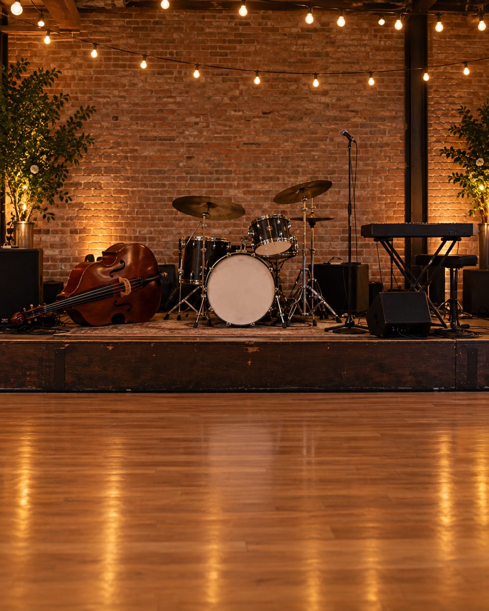An upright bass, a drum kit, a keyboard and a microphone stand at rest on a low stage in a reception room lit by strings of warm bulbs