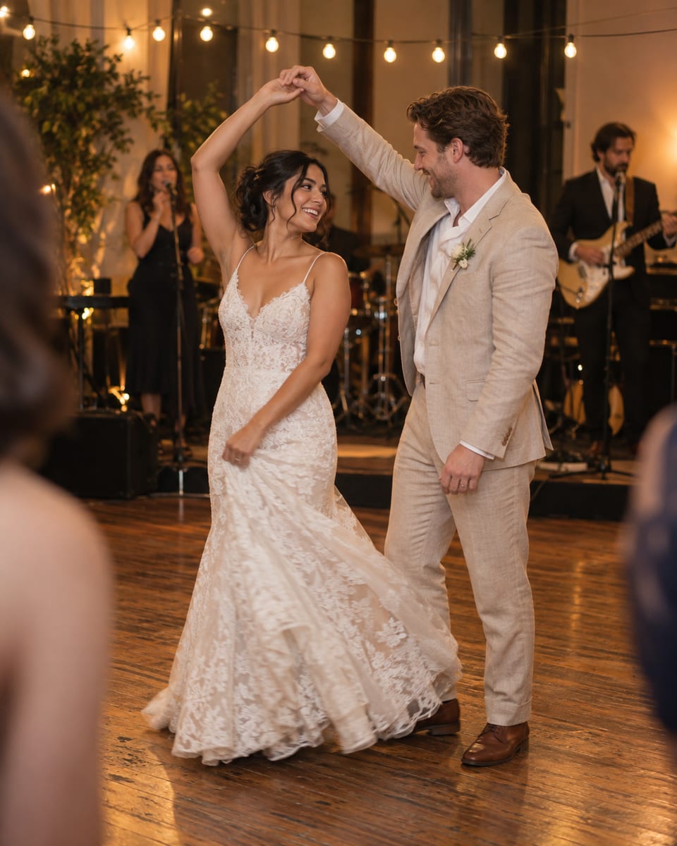 A woman in a lace dress and a man in a linen suit dance their first dance in a warm-lit reception room, a small band playing out of focus behind