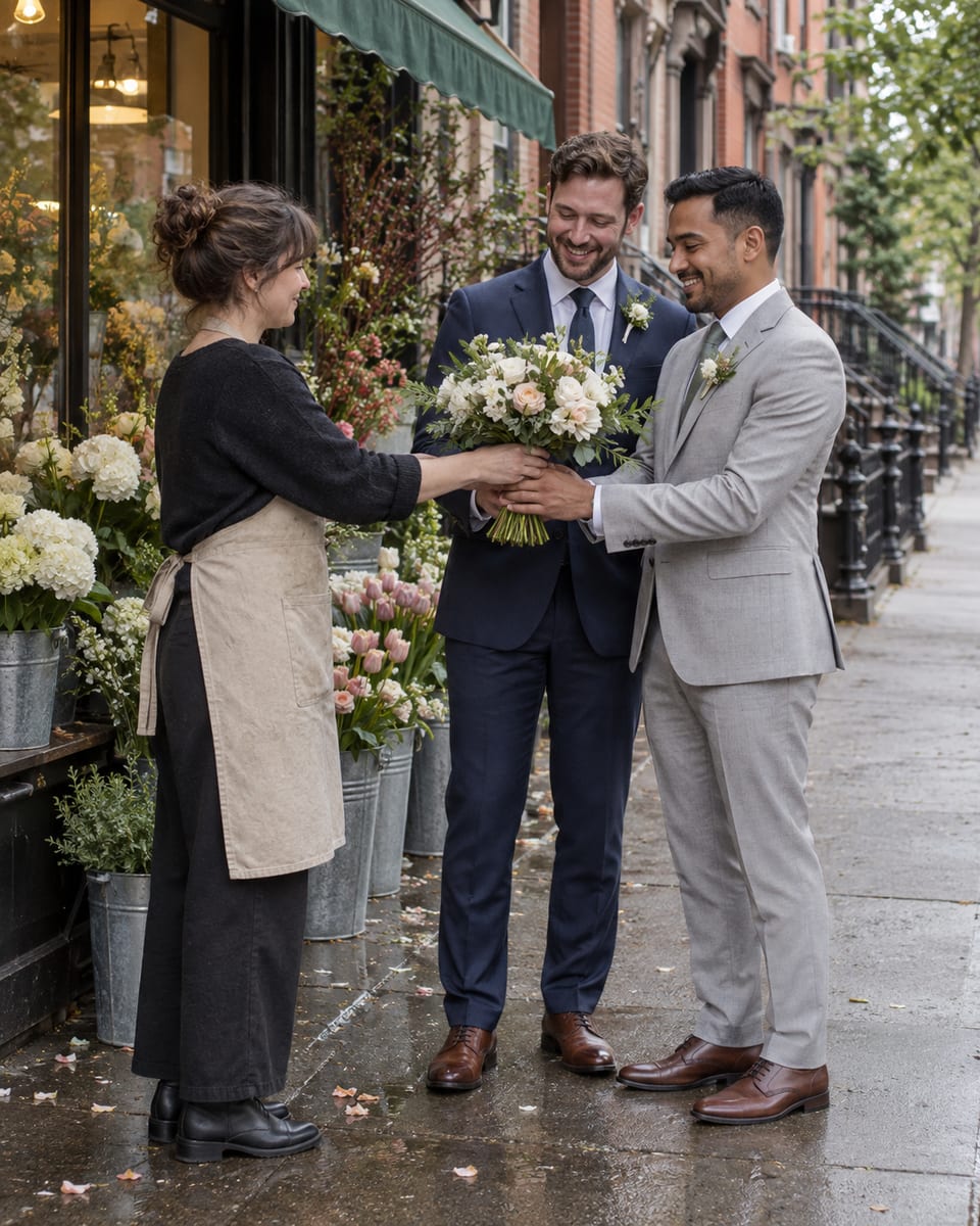 A florist in a canvas apron hands a bouquet to two men in navy and light grey suits outside a small flower shop with buckets of flowers on the sidewalk