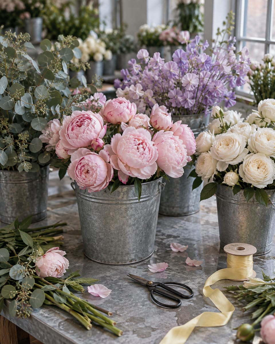 A zinc-topped florist's worktable with galvanized buckets of peonies, garden roses, sweet peas and eucalyptus, snips and a spool of silk ribbon among loose stems