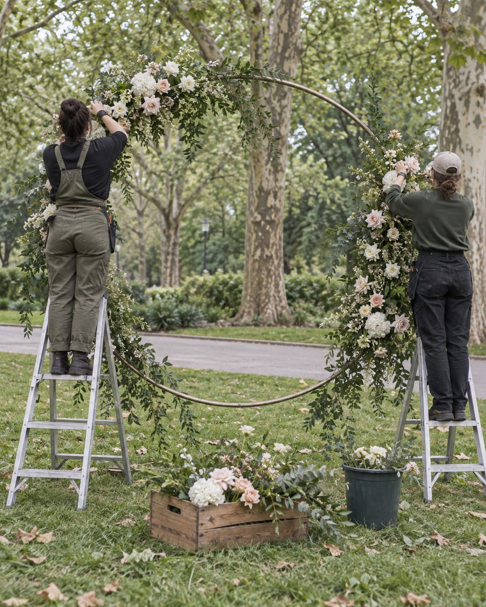 Two florists on step ladders fix white and blush flowers and greenery onto a round metal ceremony hoop on a park lawn under plane trees