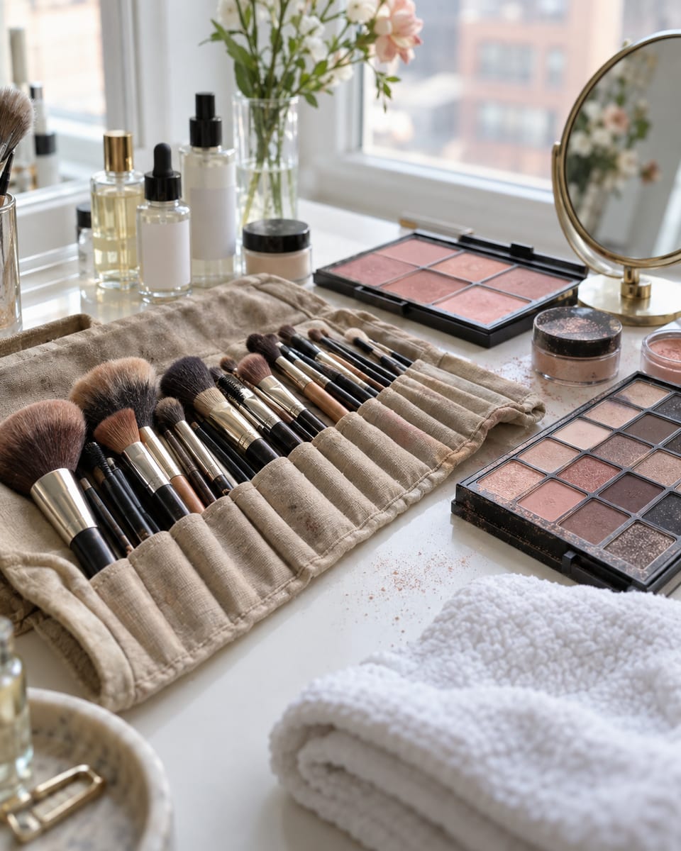 An open makeup kit on a dressing table by a window: brushes in a canvas roll, plain palettes, small bottles with blank labels, a hand mirror and a folded towel