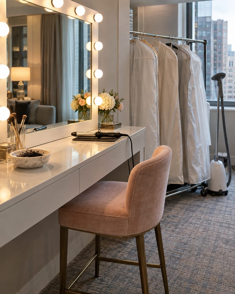 A hotel suite vanity mirror ringed with round bulbs, a tall stool, hairpins in a dish, a curling iron on a heat mat and a steamer beside a rail of covered garment bags