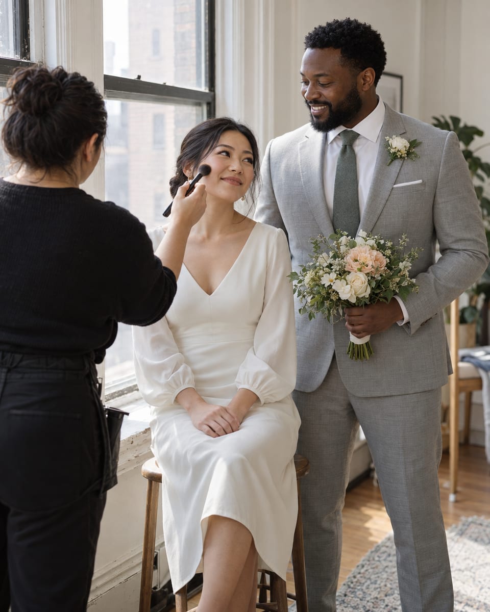 A makeup artist touches a brush to the cheek of a woman in an ivory dress by a tall window while a man in a light grey suit stands close holding a small bouquet