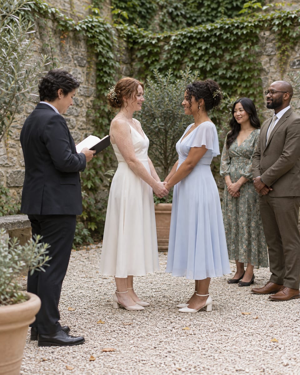 An officiant reads to two women, one in an ivory dress and one in a pale blue dress, who hold hands in an ivy-walled stone courtyard with two witnesses nearby
