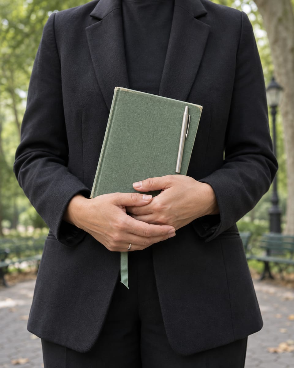 Hands of an officiant holding a small closed cloth-bound ceremony book with a ribbon marker and a pen clipped to it, park trees blurred behind