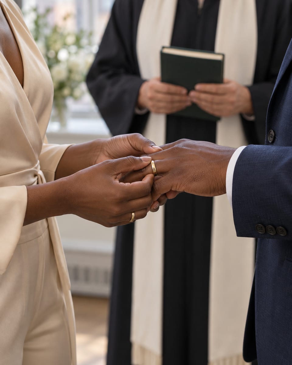 Close view of a woman in a champagne jumpsuit sliding a plain band onto the finger of a man in a navy suit, the officiant's hands holding a closed book out of focus behind