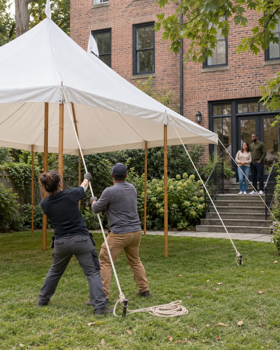 A rental crew raises a white sailcloth tent on the back lawn of a brick house while a woman and a man watch from the back steps