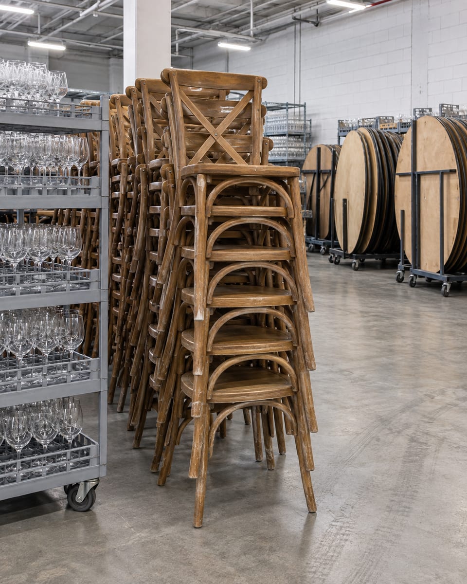 Stacks of wooden cross-back chairs and racks of wine glasses on rolling carts in a rental warehouse, folded round tables leaning against a wall