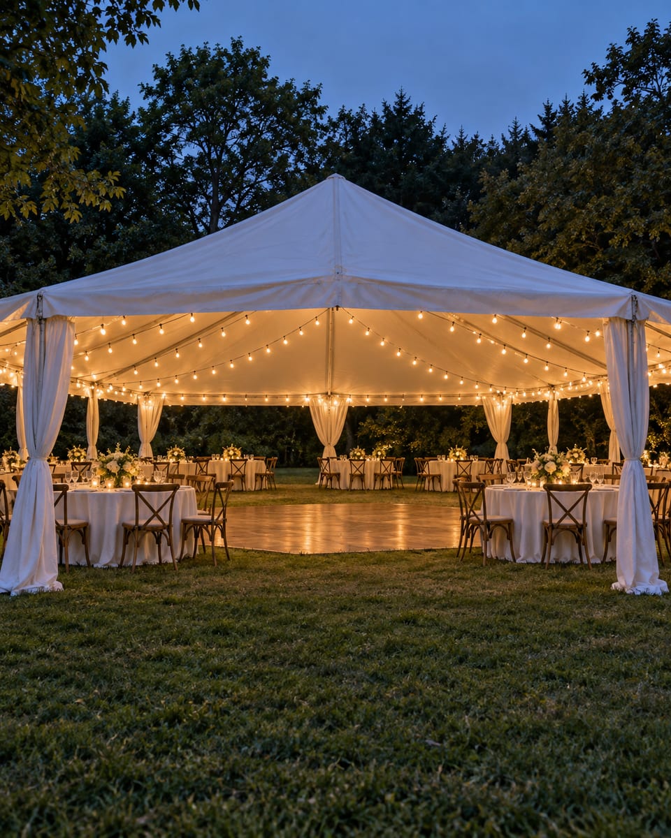 A white frame tent on a lawn at dusk with round tables in white linen, cross-back chairs, a wooden dance floor and strings of warm bulbs, the sides rolled up