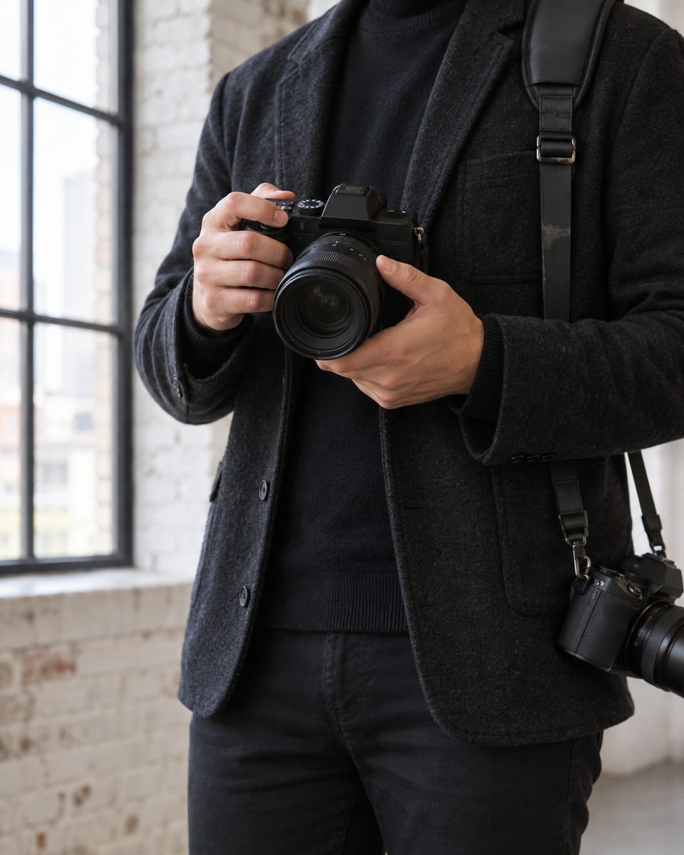 Hands of a wedding photographer holding an unbranded camera at chest height, a second camera on a strap at the hip, with a whitewashed brick wall and tall window blurred behind