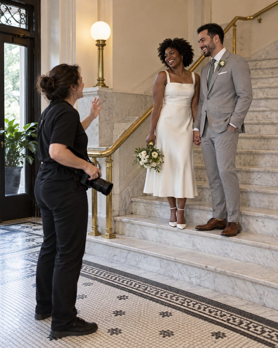 A photographer, camera lowered, laughs and directs a woman in an ivory dress and a man in a light grey suit on the marble staircase of a prewar lobby with a mosaic floor