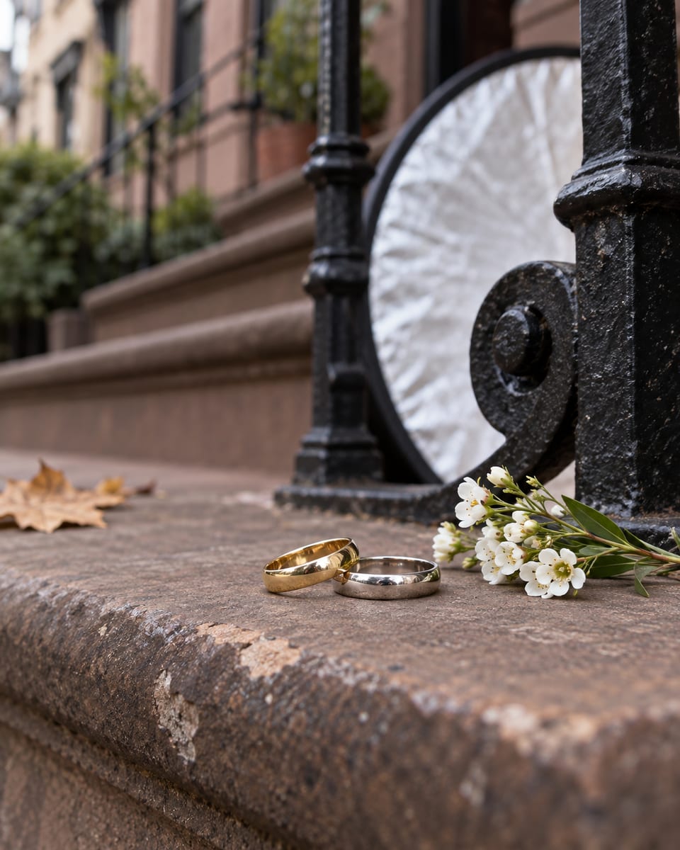 Two plain wedding bands resting on the worn stone ledge of a brownstone stoop beside a sprig of white flowers, a folded reflector blurred behind by the iron railing