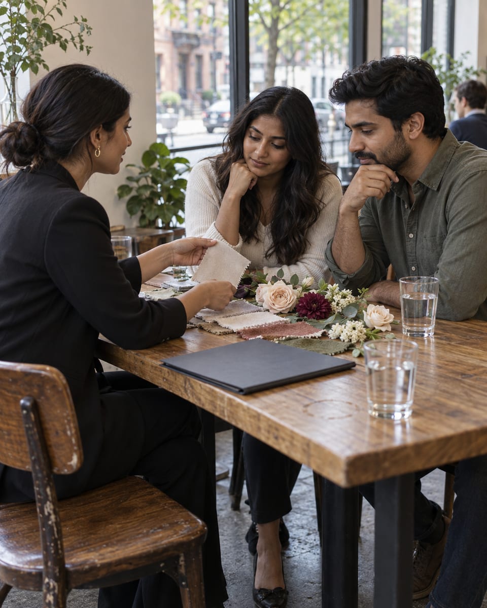 A wedding planner lays out fabric swatches and flower samples for a woman and a man at a table by a tall window in a quiet cafe