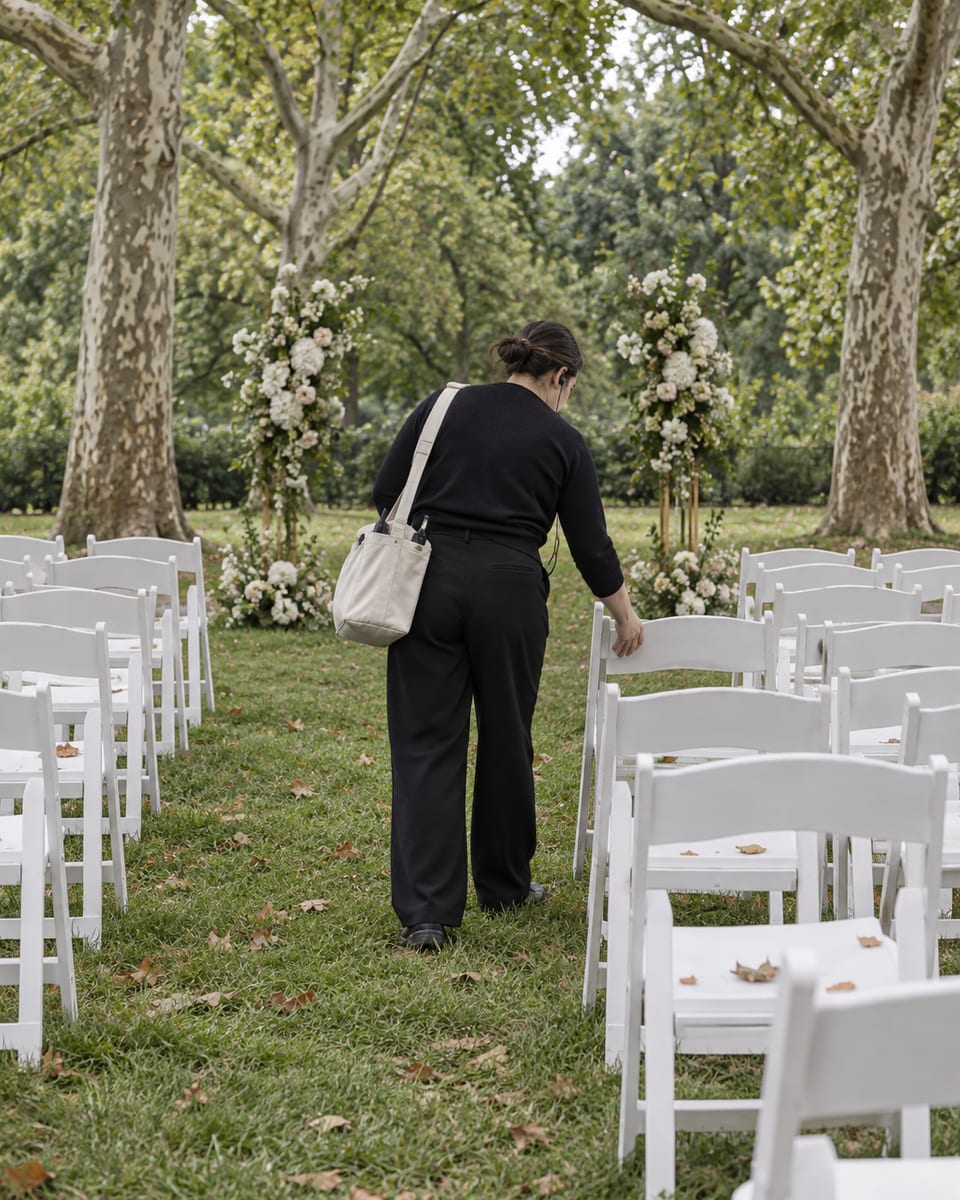 A wedding planner seen from behind, wearing an earpiece and carrying a kit bag, straightens the last white chair of an aisle on a park lawn under plane trees