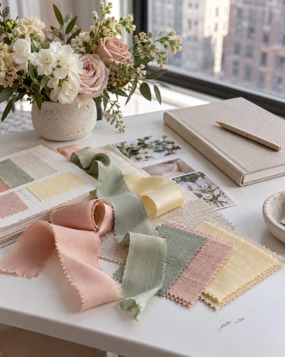 A wedding planner's worktable by a window with ribbon samples, fabric swatches in blush, sage and butter, a small vase of flowers and a closed notebook with a pen