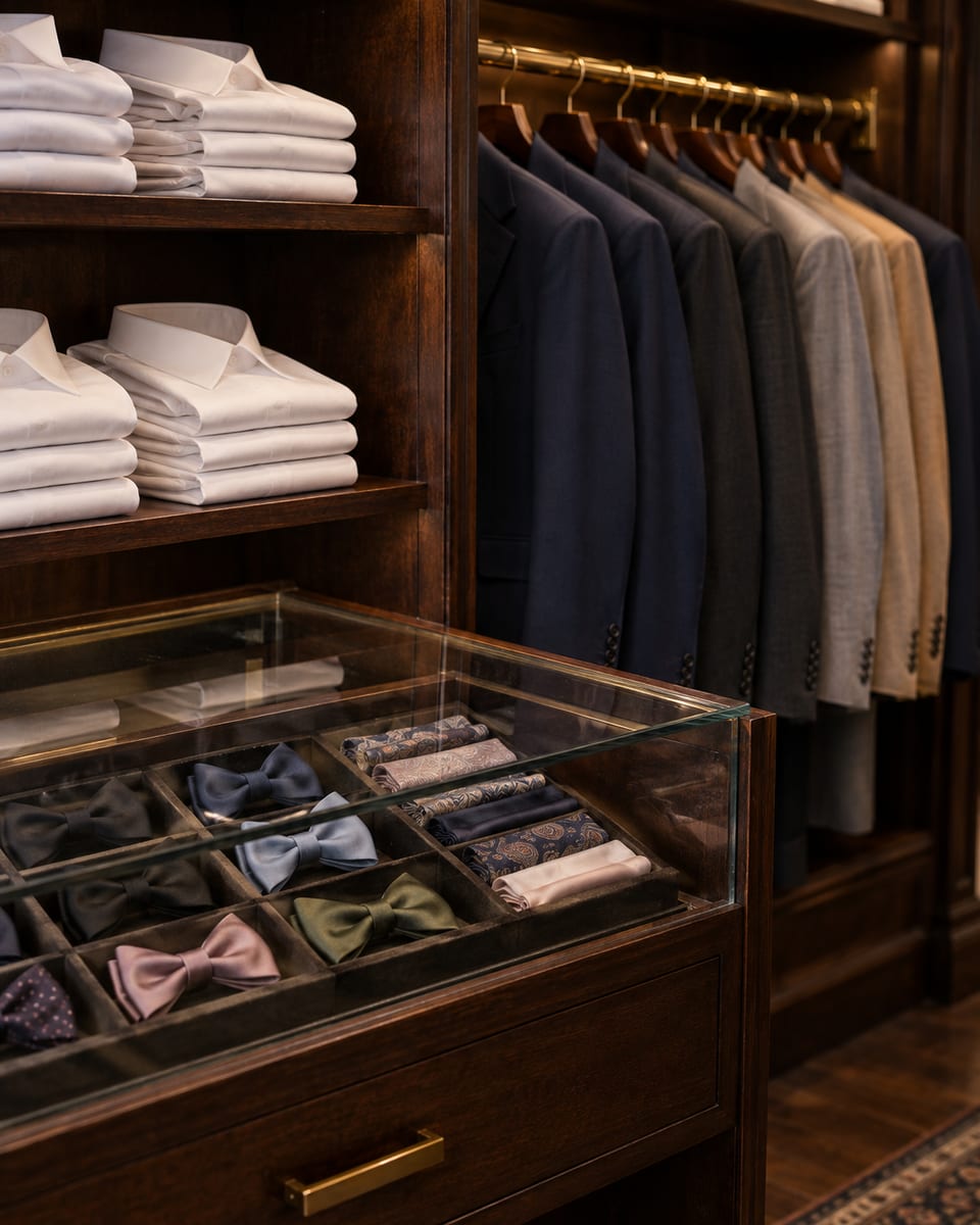 Un rincón de una tienda de ropa formal con estantes de camisas blancas dobladas, pajaritas y pañuelos en un cajón con tapa de vidrio y trajes de varios colores en un perchero